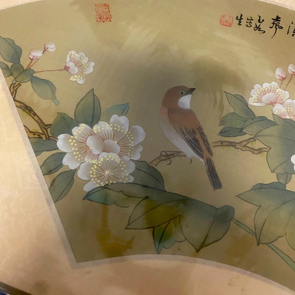 Vintage Painting Of Bird & Flowers, On Silk. Bird Sitting On Branch. - Picture 4 of 8